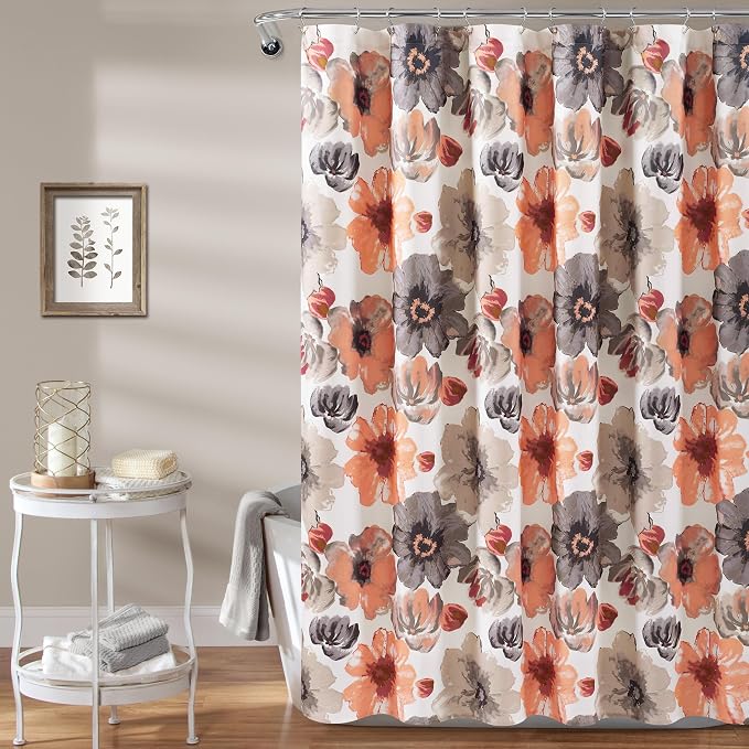 Lush Decor Leah Floral Shower Curtain, 72" W x 72" L, Coral & Gray - Fabric Shower Curtains - Watercolor Botanical Bathroom Curtain - Farmhouse & French Country Decor