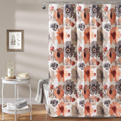 Lush Decor Leah Floral Shower Curtain, 72" W x 72" L, Coral & Gray - Fabric Shower Curtains - Watercolor Botanical Bathroom Curtain - Farmhouse & French Country Decor
