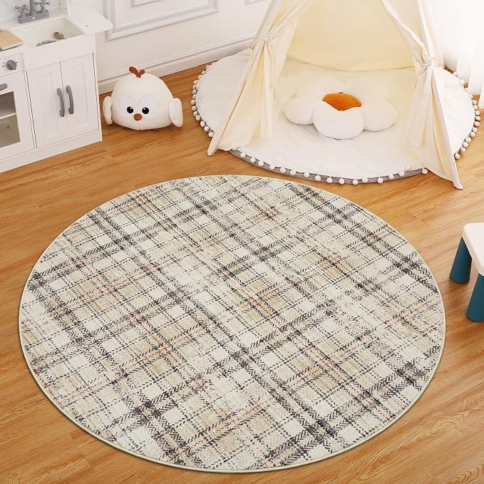 Tartan Plaid Washable Round Rugs, Non-Slip Soft Round Rug 4ft Ultra-Thin, Small Boho Circle Stain Resistant Low Pile Carpet for Entryway Kitchen Bedroom Nursery Bathroom, Beige