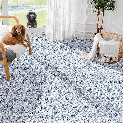 Delft Blue Floral Vine Peel and Stick Floor Tiles 12x12 Inch 10PCS | Delft blue floral vine pattern on a white background vinyl floor stickers for kitchen bathroom entryway and indoor home decor