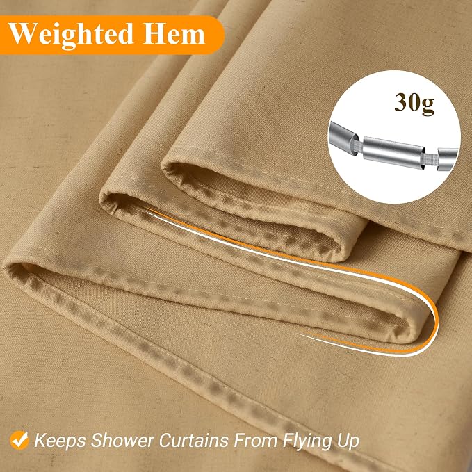 Gold Yellow Linen Shower Curtain, Country Boho Farmhouse Bath Decor Shower Curtains Neutral Cloth Weighted Textured Fabric Bath Curtain Liner with Hooks, 72x96
