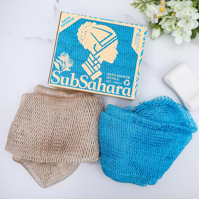 Authentic African Net Sponge, 2 Pack 45-Inch Exfoliating Bath Sponge and Shower Loofah for Body and Back, Colorfast Quick-Dry Knotted Mesh Scrubber with Travel Pouch (Linen & Sky Blue)