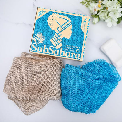 Authentic African Net Sponge, 2 Pack 45-Inch Exfoliating Bath Sponge and Shower Loofah for Body and Back, Colorfast Quick-Dry Knotted Mesh Scrubber with Travel Pouch (Linen & Sky Blue)