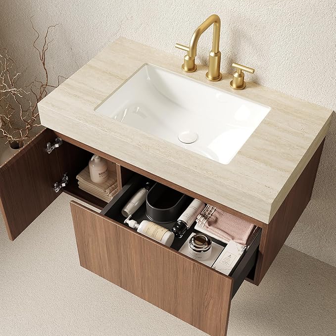 KEIKI 36 Inch Floating Bathroom Vanity with Sink, Modern Wall Mounted Storage Cabinet with Drawer, Pre-assembled Waterproof Wood Panels, Sintered Stone Top & Ceramic Basin Combo Set, Brown Oak & Beige
