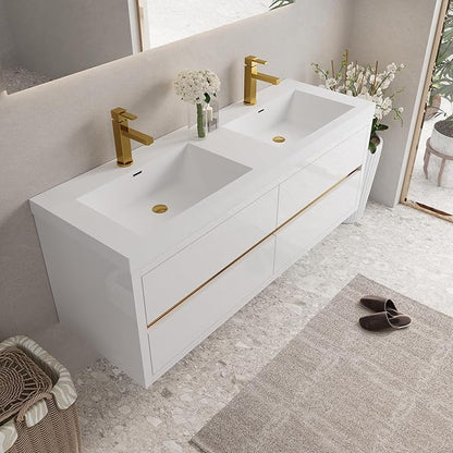 60" Floating Bathroom Vanity, Wall-Mounted Double Sink Vanity, Pre-Assembled Modern Floating Storage Cabinet with Stone Resin Countertop & Soft-Close Drawers, Glossy White