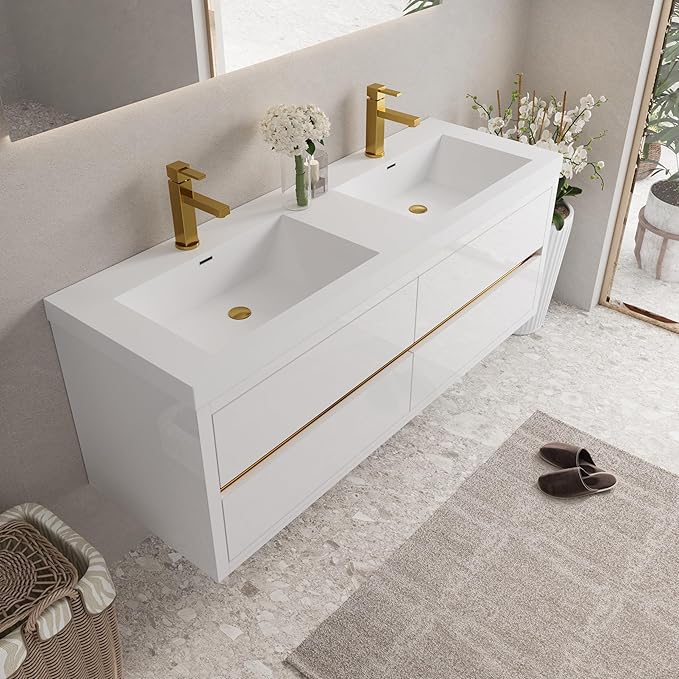 Abruzzo 60" Glossy White Wall-Mounted Bathroom Vanity with Double Sink – Stone Resin Countertop & Soft-Close Drawers, Waterproof Wood Cabinet for Small Bathrooms