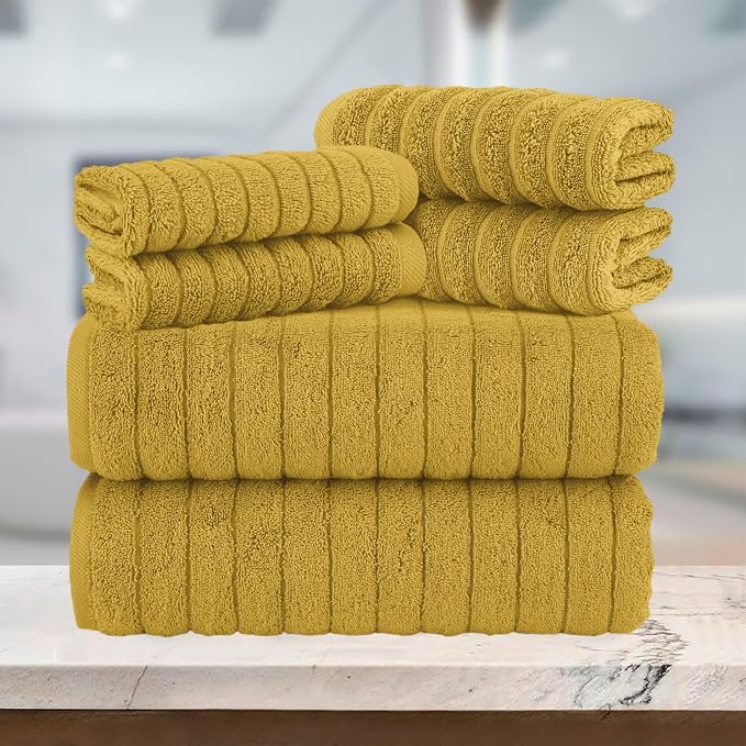 Elegant Comfort 100% Turkish Cotton Corduroy Ribbed Luxury Bath Towels 6-Piece Set, Premium Feel - Quick Dry, Highly Absorbent, Contains 2 Bath Towels, 2 Hand Towels, and 2 Washcloths, Gold