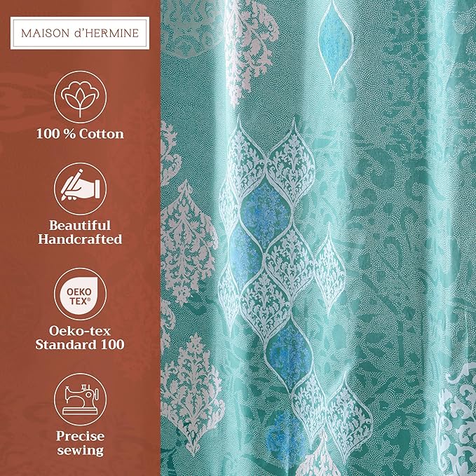 Maison d' Hermine Shower Curtain 100% Cotton One Panel 70"x72" Washable Fabric Shower Curtains for Bathroom, Easy Hanging with 12 Button Holes - Home Spa Easter Gifts (Versailles - Turquoise)