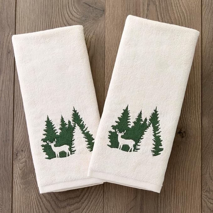 SKL Home Christmas/Winter Deer Spruce Hand Towel Set-2pc, Natural | Soft, embroidered velour. Great for the bathroom, kitchen or bar. Fun for lodge/cabin décor & holiday gifting.