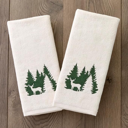 SKL Home Christmas/Winter Deer Spruce Hand Towel Set-2pc, Natural | Soft, embroidered velour. Great for the bathroom, kitchen or bar. Fun for lodge/cabin décor & holiday gifting.