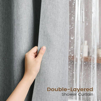 BTTN Stall 3 in 1 Linen Textured Shower Curtain & Liner, 36x72, Grey/Gray | Half Size, 230GSM Heavy Duty Polyester, Waterproof Clear Liner, Weighted Hem, 6 Plastic Hooks, Hotel Style, Machine Washable