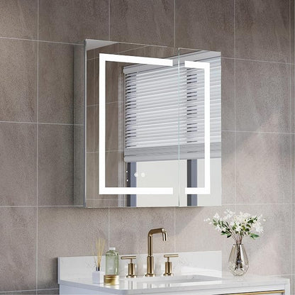 WELLFOR 30" X 30" Bathroom LED Medicine Cabinet with Mirror, Medicine Cabinet with Lights, Bathroom Mirror with Storage, Dimmer, Defogger, Outlets & USB Ports, Double Doors