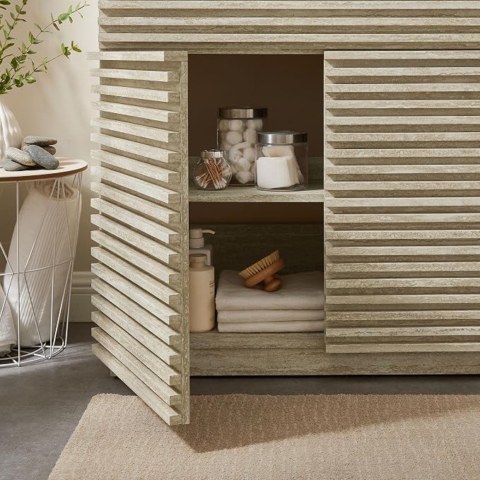 Modway Render Faux Travertine Slatted Bathroom Cabinet in Travertine - 36 Inch Single Bathroom Vanity with No Sink - Modern Freestanding Vanity Storage Cabinet - Mid-Century Bathroom Furniture