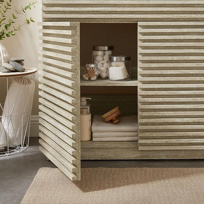 Modway Render Faux Travertine Slatted Bathroom Cabinet in Travertine - 36 Inch Single Bathroom Vanity with No Sink - Modern Freestanding Vanity Storage Cabinet - Mid-Century Bathroom Furniture