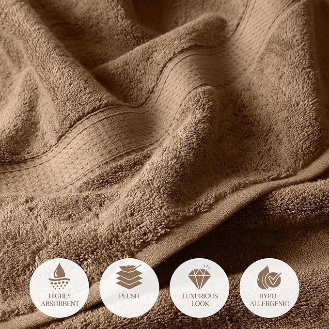 SUPERIOR Egyptian Cotton Ultra Plush & Absorbent, 12 Piece Set, Latte | Heavyweight 12 Pc Egyptian Cotton Towel Set Includes 4 Bath Towels 4 Hand Towels 4 Washcloths Decorative Rope Border