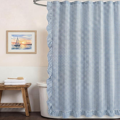 HunnmingRe Ruffled Gingham Shower Curtain Dusty Blue | 72'' x 72'' Vintage Farmhouse Curtain, Cotton Cottage Core Rural Checkered Plaid Decor, Fall Shower Curtain for Bathroom