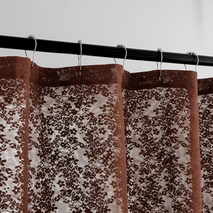 Chocolate Brown Shower Curtain, 72x84, Vintage Lace with Attached Valance | Brown Lace Shower Curtain with Scalloped Floral Trim, Vintage, Rustic Farmhouse Tall Bathrooms with High Rods