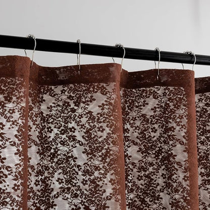 Brown Lace Shower Curtain 36x72, Narrow Stall with Attached Valance | Chocolate Brown Shower Curtain with Scalloped Floral Trim, Sheer for Rustic Farmhouse Stalls, RVs and Small Bathrooms