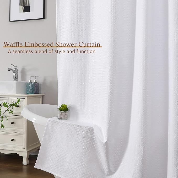 White Shower Curtain 72 Inch Length 1 Piece, Waffle Embossed Textured Soft Fabric Hotel Shower Curtain for Bathroom, Modern Polyester Water Repellent Machine Washable Bath Decor, 72Wx72L Inches