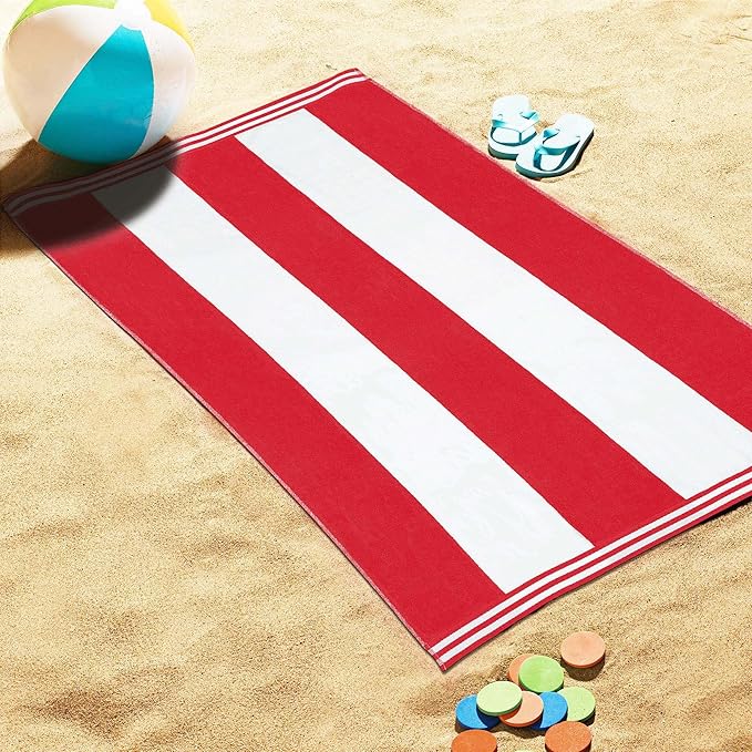 Superior Cotton Nautical Stripe Beach Towels, Colorful Towels for Adult, Kid, Pool, Swimming, Sand, Travel, Large Oversized, Absorbent, Fast Drying, Bath Basics, Cabana Collection, 1 Piece, Red