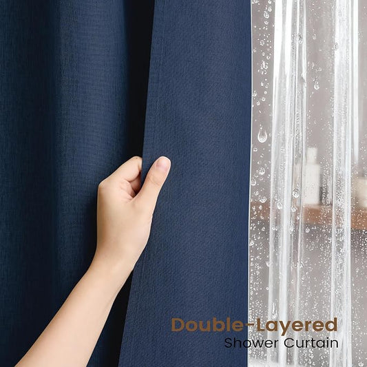 BTTN 72x84 Tall 3 in 1 Linen Texture Shower Curtain with Liner, Navy Blue | Long Size, 230GSM Heavy Duty Polyester, Waterproof Clear Liner, Weighted Hem, 12 Plastic Hooks, Hotel Style, Machine Washable