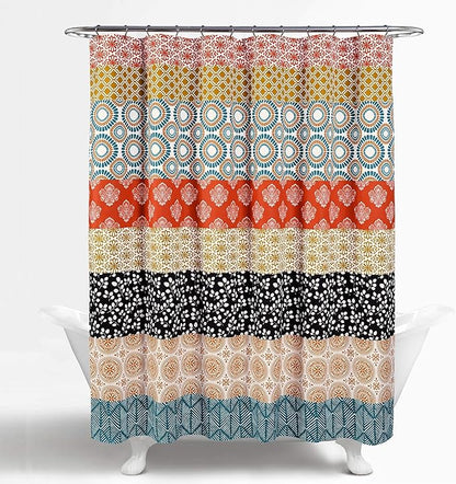 Lush Decor Bohemian Stripe Shower Curtain 72" W x 72" L Turquoise & Orange - Bathroom Curtain - Striped Shower Curtain - Boho Decor - Fabric Shower Curtains