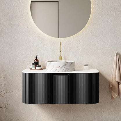 LKTART 36 Inch Floating Bathroom Vanity with Sink, Modern Wall Mounted Bathroom Storage Cabinet with Drawer, Stone Pattern Round White Ceramic Sink Top and Marble Texture Top, Black