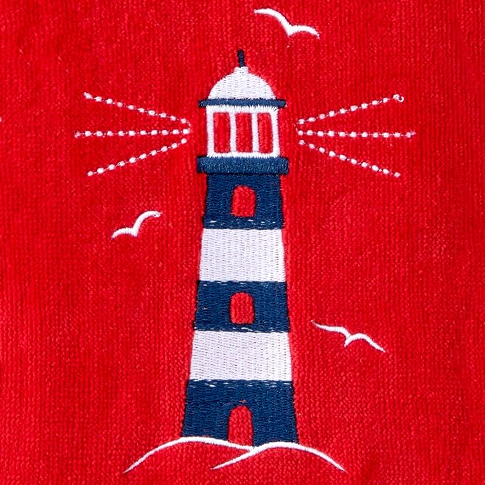 SKL Home Nautical Lighthouse Hand Towel Set-2pc, 100% Cotton, Red | Decorative embroidery for everyday & coastal/beach décor. Can be used in the bathroom, kitchen, bar or any sink space.