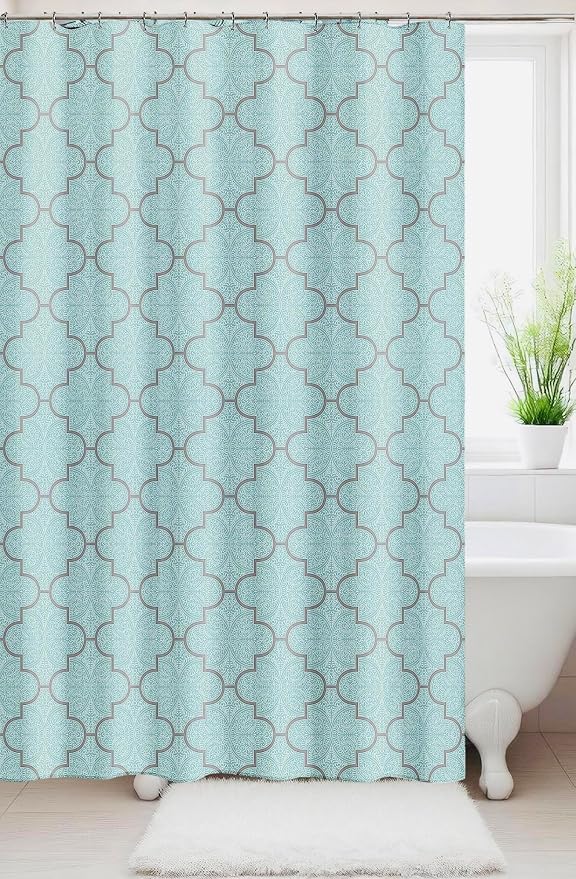 Serafina Home Geometric Aqua Fabric Shower Curtain, Blue Grey Damask Moroccan Design, 70x72 Inch, with 12 Rollerball Hooks