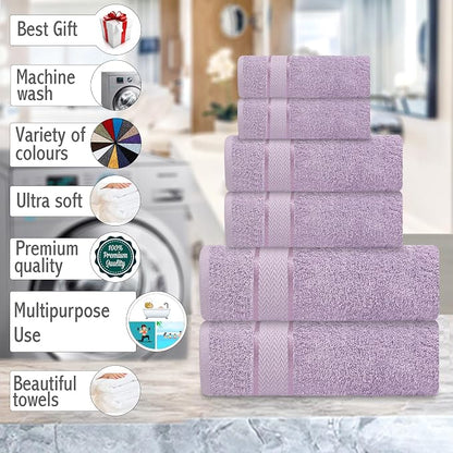6 Piece 100% Cotton Bath Towel Set - 2 Bath - 2 Hand - 2 Face, Lavender | 100% Cotton • Thick & Plush • Hotel Quality • Ultra Soft • Highly Absorbent • Quick Dry • Low Lint • Machine Washable