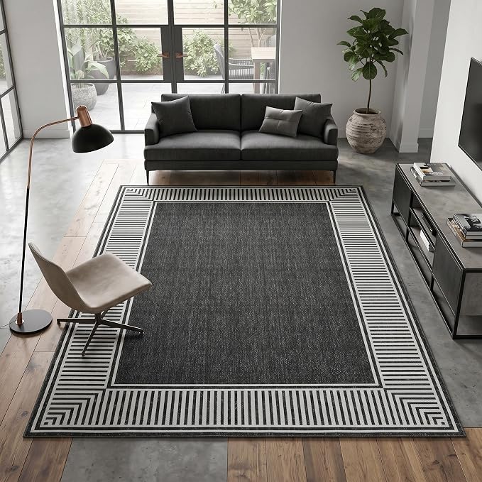 Garvee Living Room Rug 10x13 Washable Modern Bordered Bedroom Rug Black | Large Non-Shedding Stain-Resistant Foldable Accent Rugs Ultra-Soft Non Slip Low Pile Floor Cover for Nursery Kids Room Office