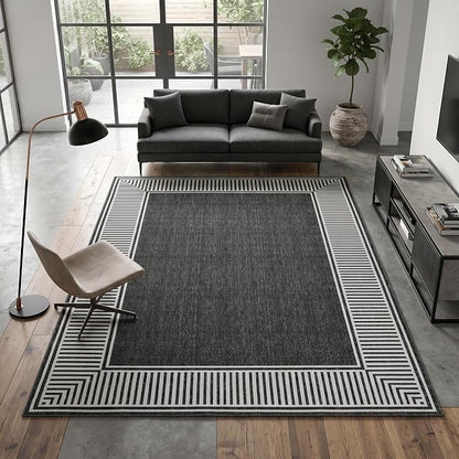 Garvee Living Room Rug 10x13 Washable Modern Bordered Bedroom Rug Black | Large Non-Shedding Stain-Resistant Foldable Accent Rugs Ultra-Soft Non Slip Low Pile Floor Cover for Nursery Kids Room Office
