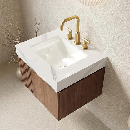 KEIKI 24 Inch Floating Bathroom Vanity with Sink, Brown Oak & White | Modern Wall Mounted Storage Cabinet with 2 Doors, Pre-assembled Wood Panels, Sintered Stone Top & Ceramic Basin Combo Set