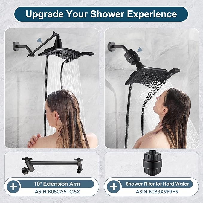 BRIGHT SHOWERS High Pressure Dual Shower Head Combo, Oil Rubbed Bronze Rainfall Showerhead with Detachable Handheld, 60" Stainless Steel Hose, Four Spray Settings