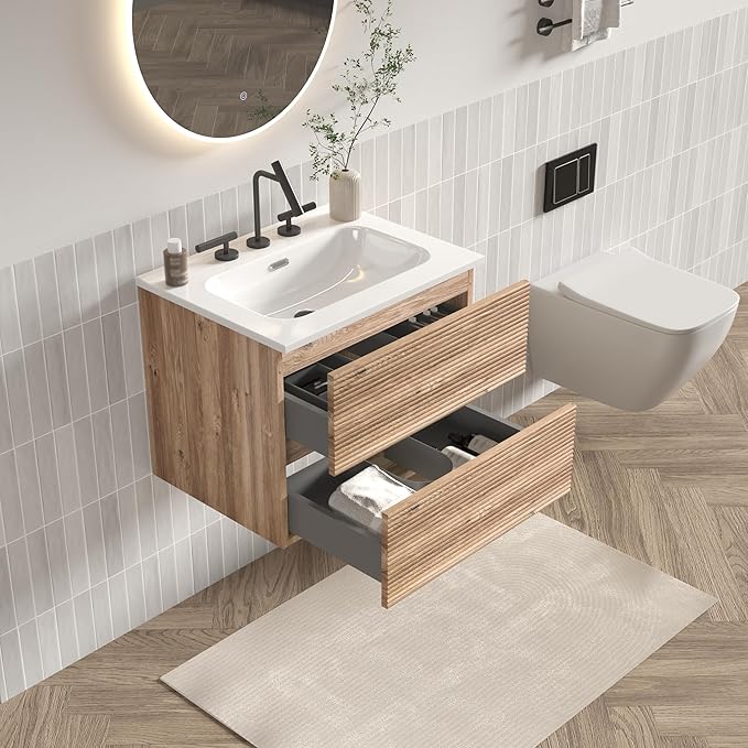 24" Floating Bathroom Vanity with Sink, Modern Wall Mounted Floating Vanity with Ceramic Sink, Double Soft-Close Drawers for Small Space, Apartment, Rough Oak