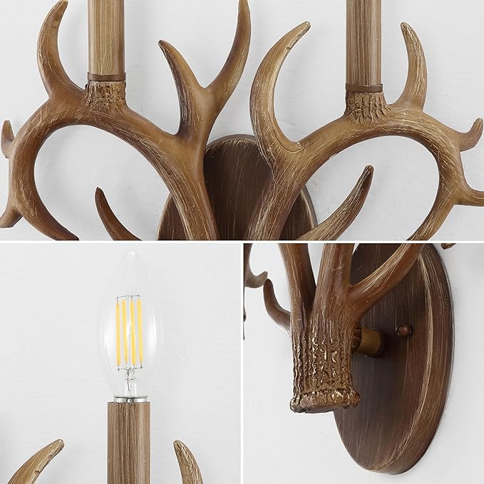 JONATHAN Y 13.25" Brown Wood Finish Faux Antler LED Vanity Light Set of 2, Rustic Wall Sconces for Bathroom Mirror Hallway, Southwestern Farmhouse Decor, LED Bulbs Included (JYL6308A)