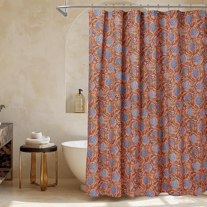 MUGINYU Boho Burnt Orange Floral Shower Curtain - 72x72 Inches,Cotton Blend Cloth Fabric, Botanical Coral Block Print Pattern for Rustic Farmhouse Frenchy Bathroom