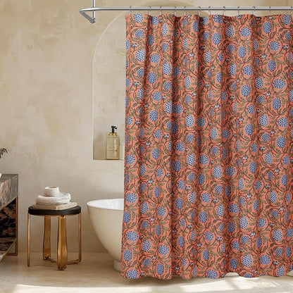 MUGINYU Boho Burnt Orange Floral Shower Curtain - 72x72 Inches,Cotton Blend Cloth Fabric, Botanical Coral Block Print Pattern for Rustic Farmhouse Frenchy Bathroom