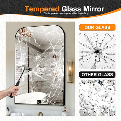 40"x28" Black Metal Framed Bathroom Mirror for Over Sink | Rounded rectangle shape. Shatterproof HD glass, all mounting hardware for bathroom, bedroom, entryway.
