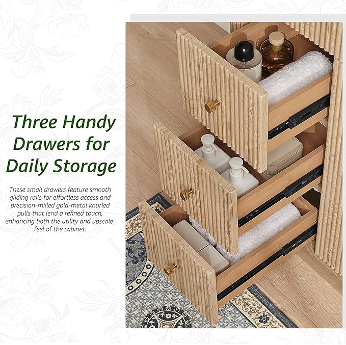 T4TREAM 36 Inch Bathroom Vanity with Sink, Modern Fluted Single Bathroom Vanity with Sink with Storage Cabinet, Adjustable Shelf and 3 Small Drawers, Natural Oak