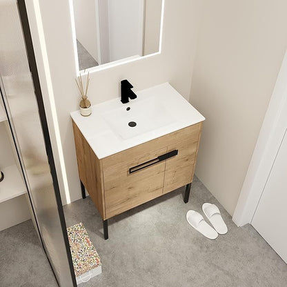 SSLine 2-in-1 Wall Mounted & Free Standing Bathroom Vanity with Sink Modern 30" Bathroom Vanity with Top Basin&Storage Cabinet Brown Oak Wood Bath Vanity w/Ceramic Sink for Small Space-Legs Removable