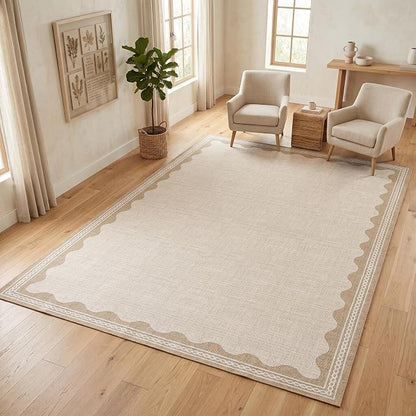 Garvee Entryway Rug 3x5 Washable Bordered Modern Rug Low Pile Beige | Stain-Resistant Foldable Ultra Soft Non Slip Lightweight Rugs Indoor Non-Shedding Mat for Kitchen Bedroom Nursery Entrance