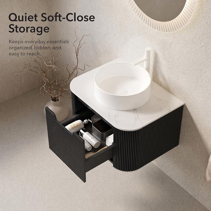 24 Inch Bathroom Vanity with Sink, Floating Wall Mounted Single Sink Vanity for Small Baths, Black Curved Fluted Front, Stone Top, Pure White Round Vessel Basin, Pre-Assembled