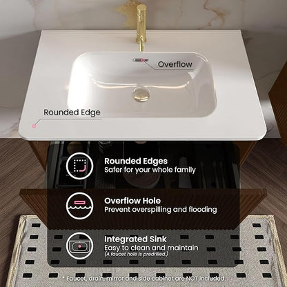 30 Inch Bathroom Vanity with Sink, Modern Floating Vanity with Push Open Soft Close Drawer, Large Storage for Small Space, Brushed Black Oak, Fully Assembled - Camellia Collection
