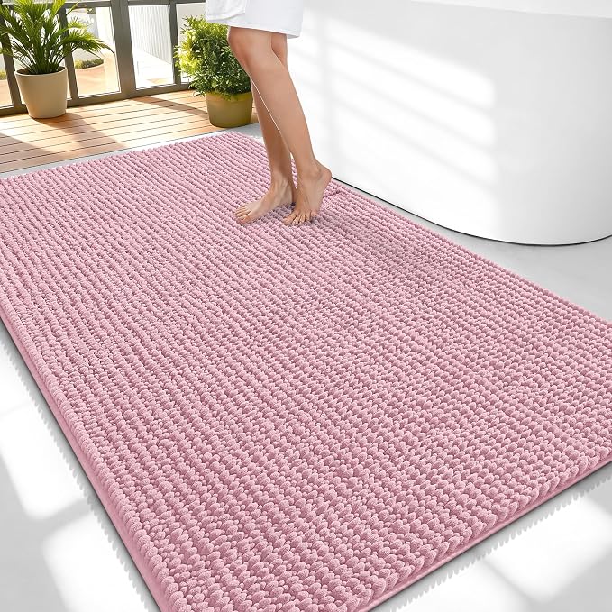 OLANLY Thick Chenille Large Bathroom Rugs Mats 59x35, Dusty Rose | Soft Absorbent Bath Rugs, Rubber Backing, Machine Wash Dry, Bath Mats for Bathroom, Tub and Shower, Home Decor Accessories