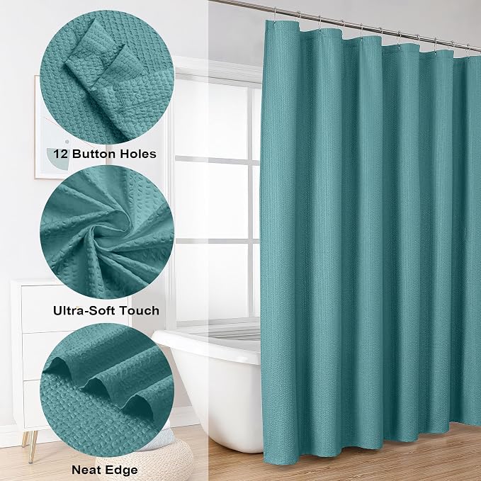 Extra Long Turquoise Shower Curtain 72 x 96 Inch, 3D Embossed Texture Fabric Bathroom Shower Curtain, Large Hotel Bath Curtain with 12 Holes, Washable Cloth Shower Curtains