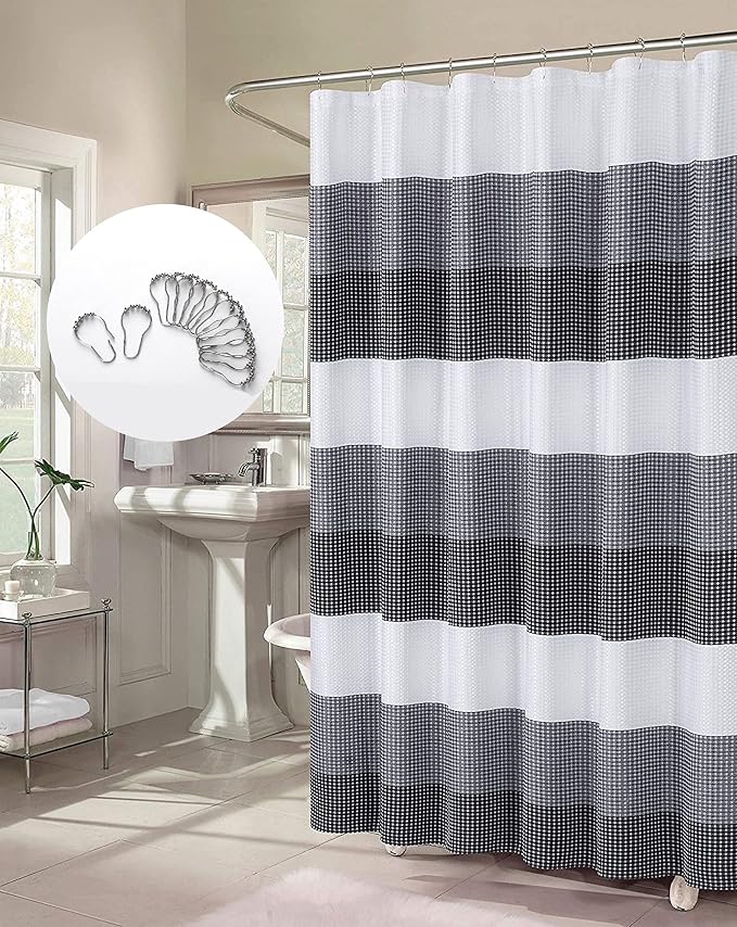 Dainty Home Waffle Weave Waterproof Shower Curtains, Black 70" x 72", Bath Curtains, Shower Curtain Waterproof Fabric with 12 Roller Ball Hooks