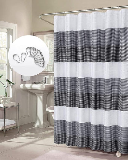 Dainty Home Waffle Weave Waterproof Shower Curtains, Black 70" x 72", Bath Curtains, Shower Curtain Waterproof Fabric with 12 Roller Ball Hooks
