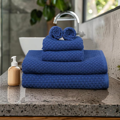 COTTON CRAFT Waffle 6 Piece Towel Set - 100% Cotton - 2 Oversized Luxury Euro Spa Waffle Weave Large Bath Towels, 2 Hand Towels, 2 Washcloths - Absorbent Quick Dry Hotel Bathroom Shower Pool - Blue
