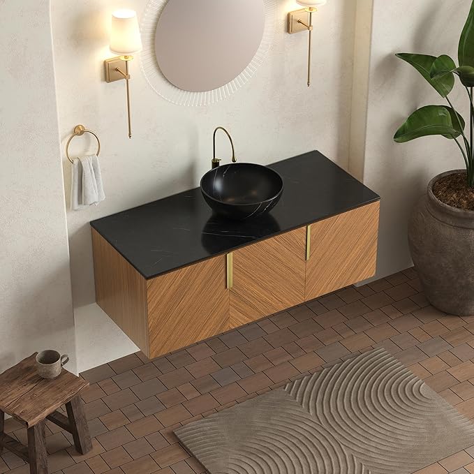 LKTART 48 Inch Bathroom Vanity with Sink, Modern Wall Mounted Bathroom Sink with 3 Doors, Black Sintered Stone Countertop and Black Bowl Ceramic Basin